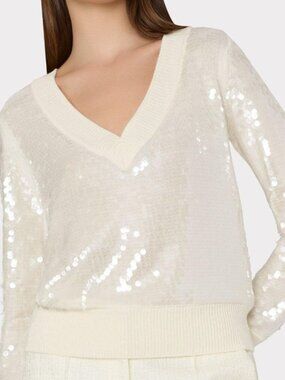 MILLY White Sequin V-neck Sweater Size L